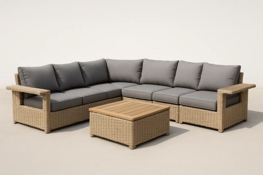 Ecksofa Set Rattan Grau Stoffkissen Hellbraun Tisch