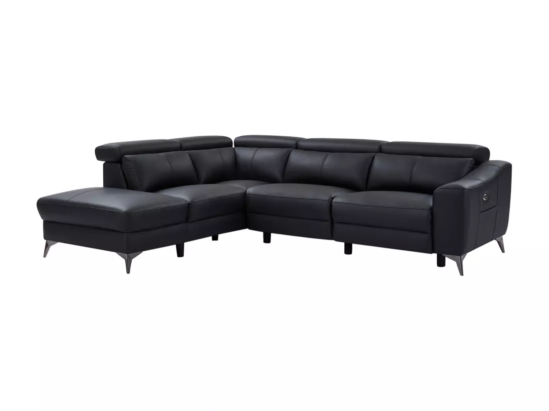Canapé d'angle gauche relax électrique en cuir noir FORLO