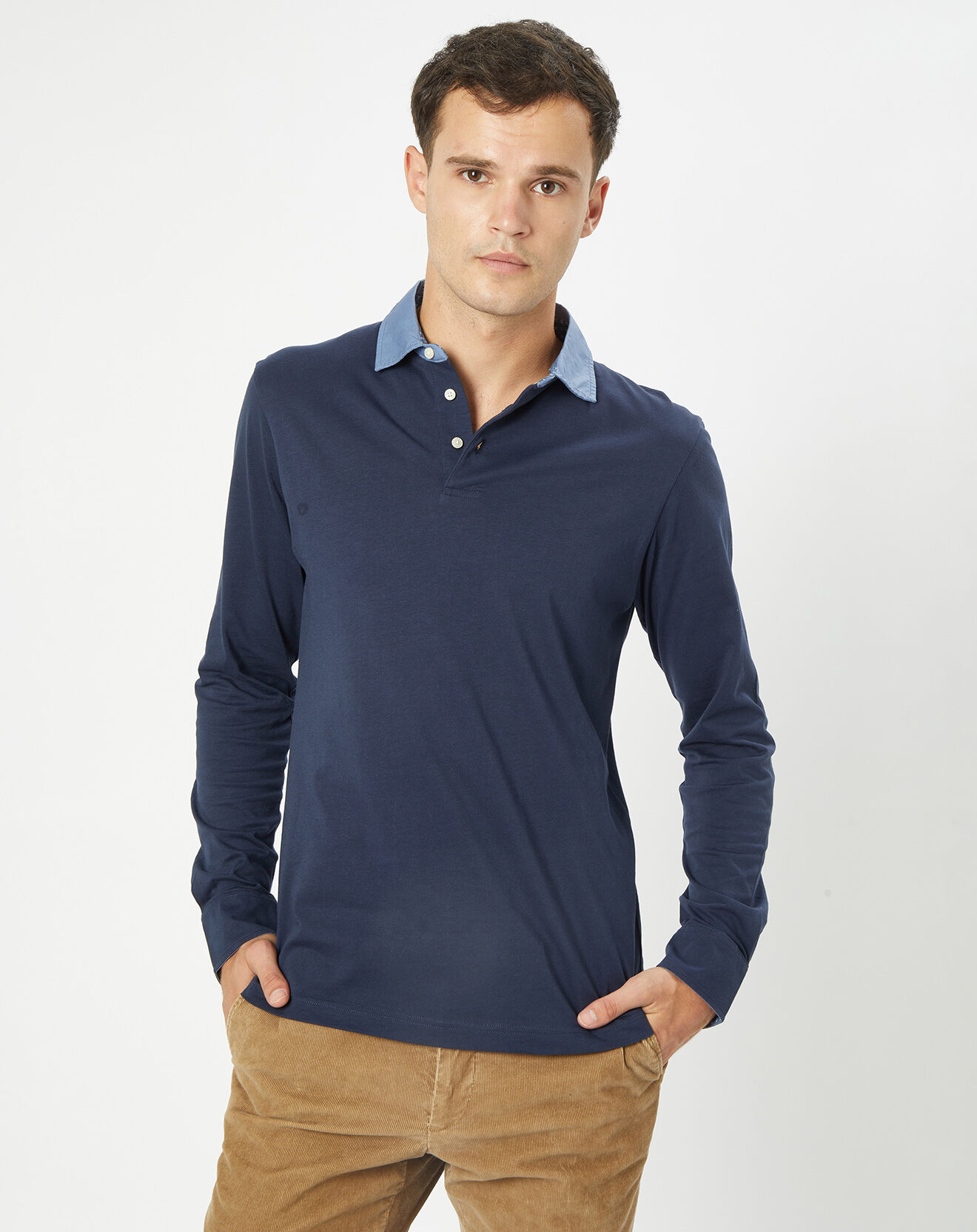 Hackett London Polo Slim Fit Col Chambray bleu marine