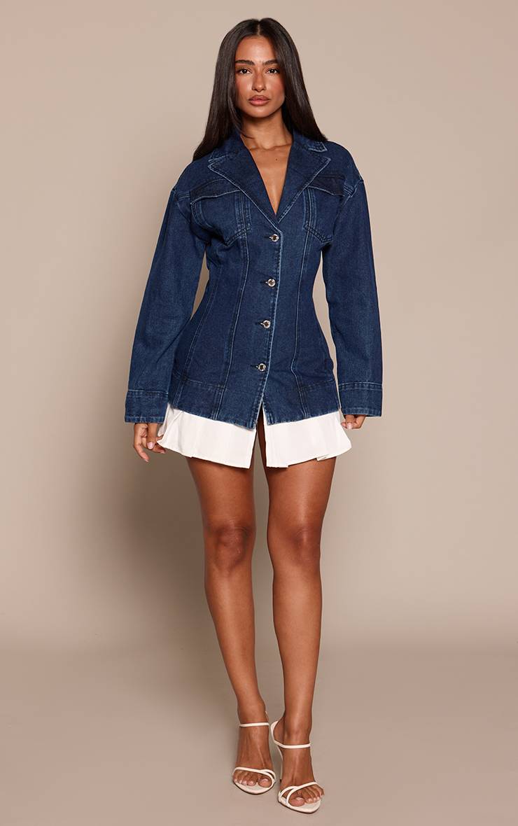 Bleu Indigo Robe Courte Ajustée En Denim Petite Avec Détails Plissés