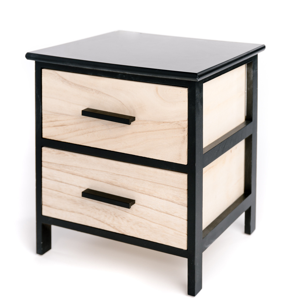 Table chevet, table de nuit chambre meuble rangement bois beige/noir 2 tiroirs scandinave 40x29x42cm