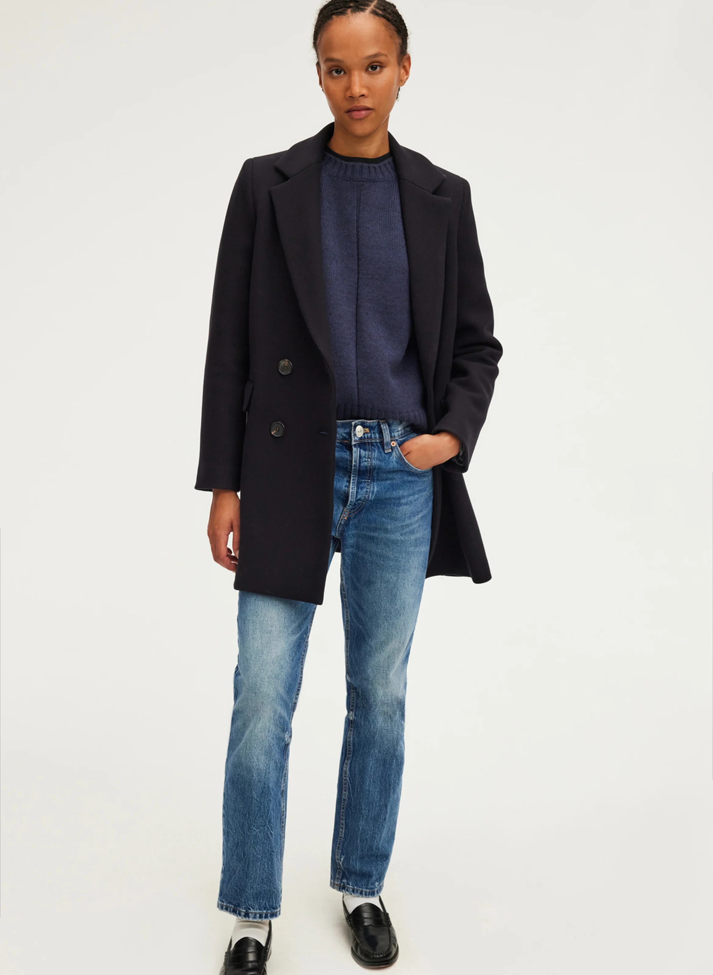 LIANE - Manteau droit à boutonnage croisé en laine mélangée | Bleu