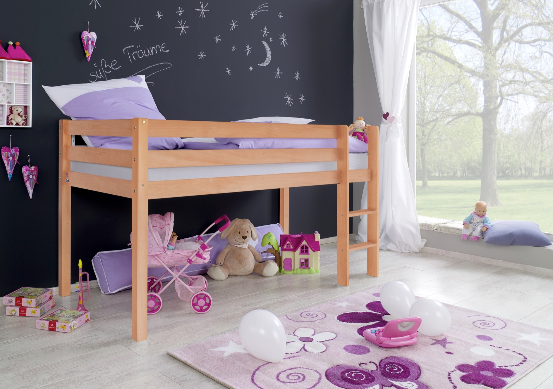 Relita - Halbhohes Spielbett ALEX Buche massiv natur lackiert