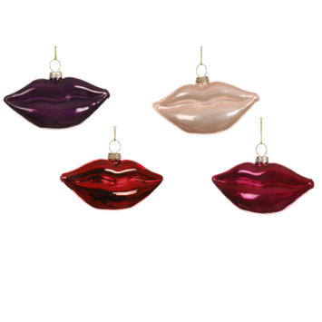 Decoris glasfiguur kersthanger mond gemengd rood roze 9 cm per stuk