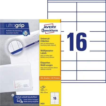 Avery Zweckform 3423 Universal-Etiketten,A4 mit ultragrip,Adressaufkleber 105 x 35 mm, 100 Bogen/1.600 Etiketten, weiß