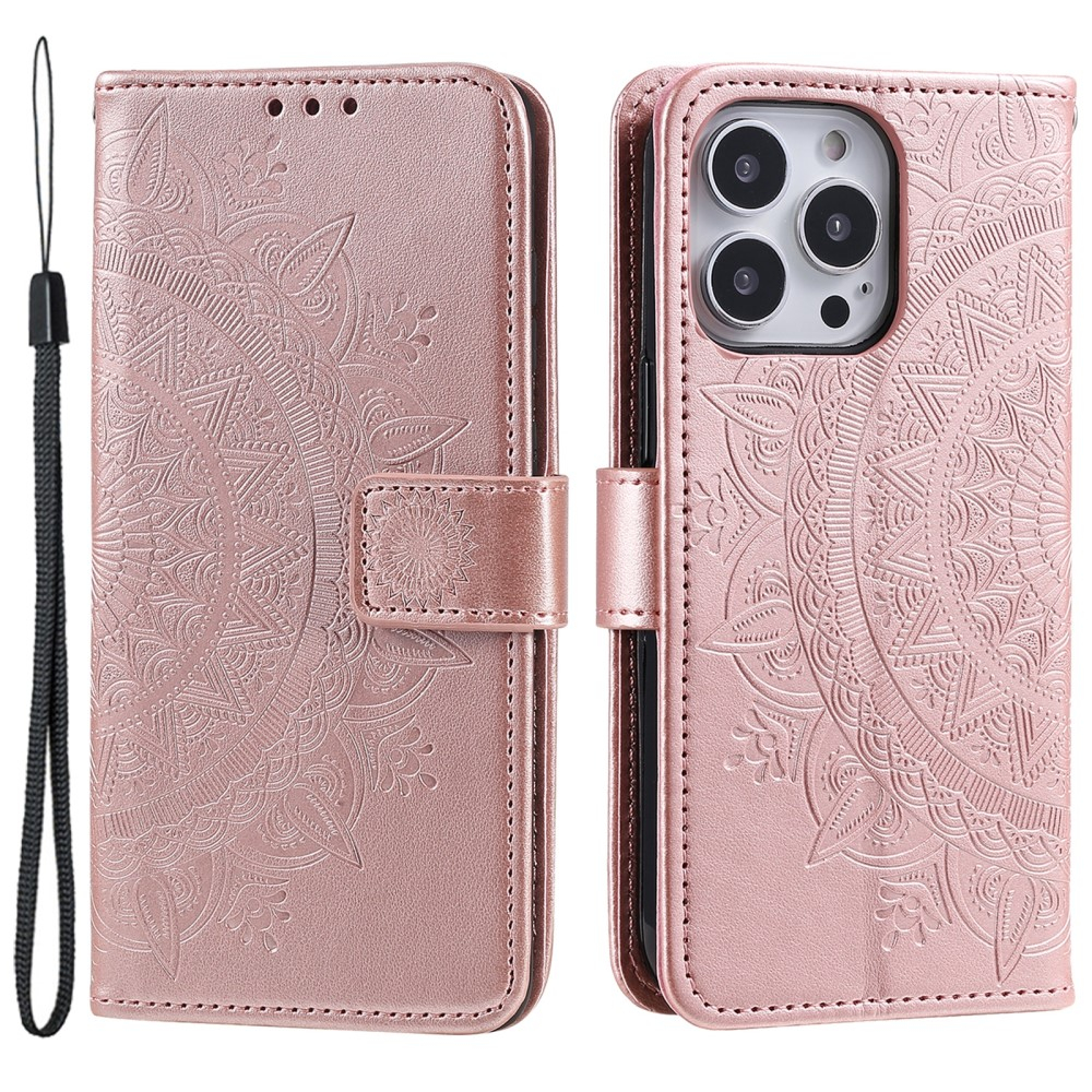 iPhone 15 Pro Max Leder Tasche Wallet - Mandala Flowers Imprint - Roségold