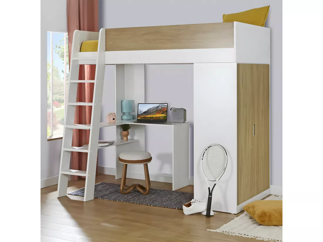 Pack lit mezzanine avec matelas 90x190 cm panneaux de fibres blanc et bois MEMPHIS