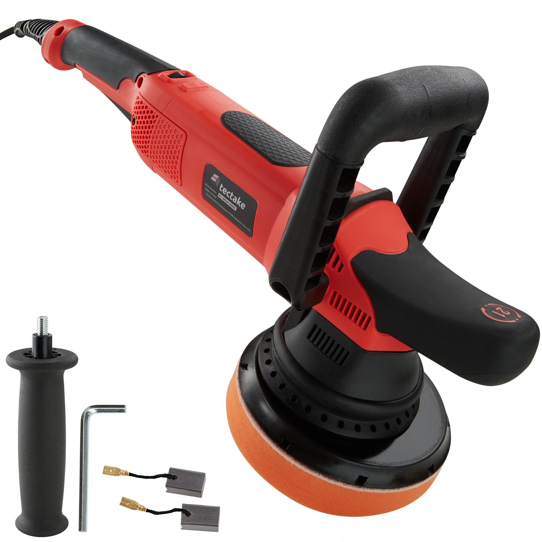 tectake® 3-teiliges Exzenter Poliermaschinen-Set, 810 W, mit Bogenhandgriff und zusätzlichem Stabgriff, inklusive 2 Ersatzkohlen