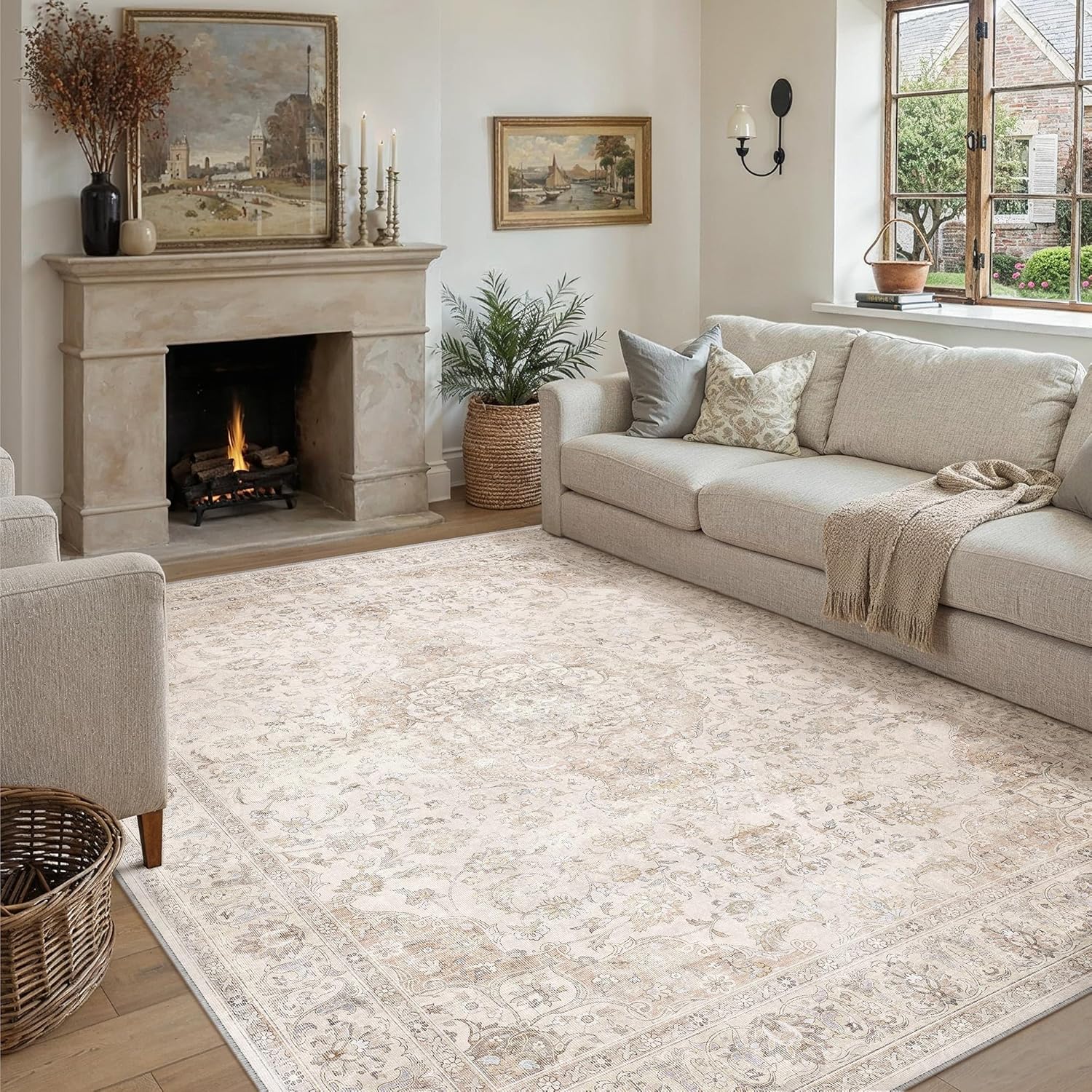 Teppich Wohnzimmer 200x300cm Waschbarer Vintage Beige Tepich for Schlafzimmer kurzflor rutschfest Weich Böhmischen Groß Retro Carpet für Küchen Esszimmer Bedroom Büro Living Room