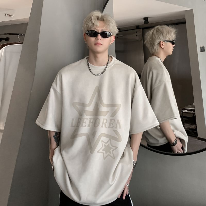 Bay Go Mall - Oversized T-shirt met ronde hals en elleboogmouwen en tekst