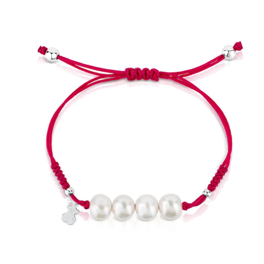 Pulseira TOUS Pearls com cordão fúcsia, prata e pérolas