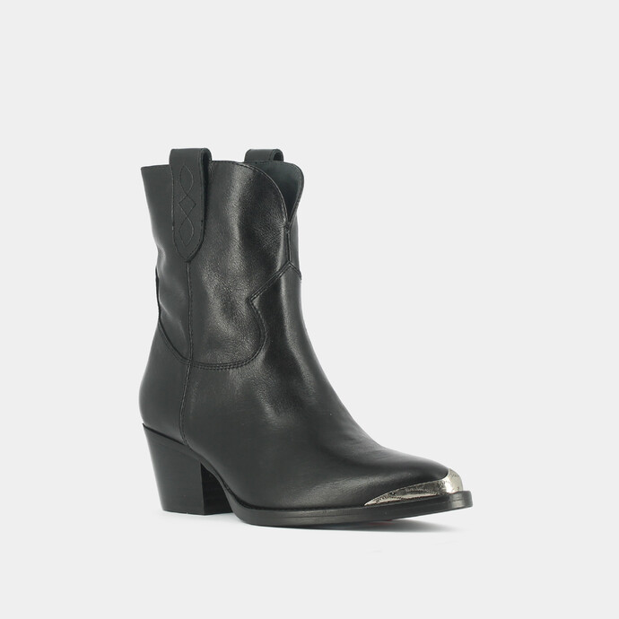 Bottines à talons et fronces  en cuir noir