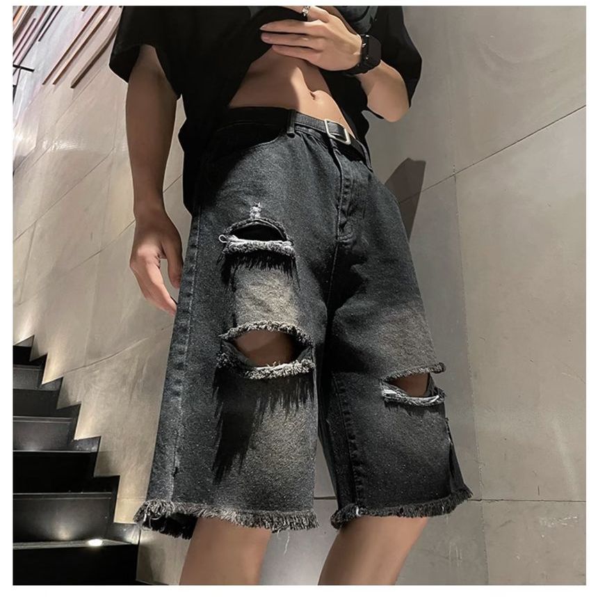 Ateso - Hoge taille denim shorts met rechte pijpen en versleten look