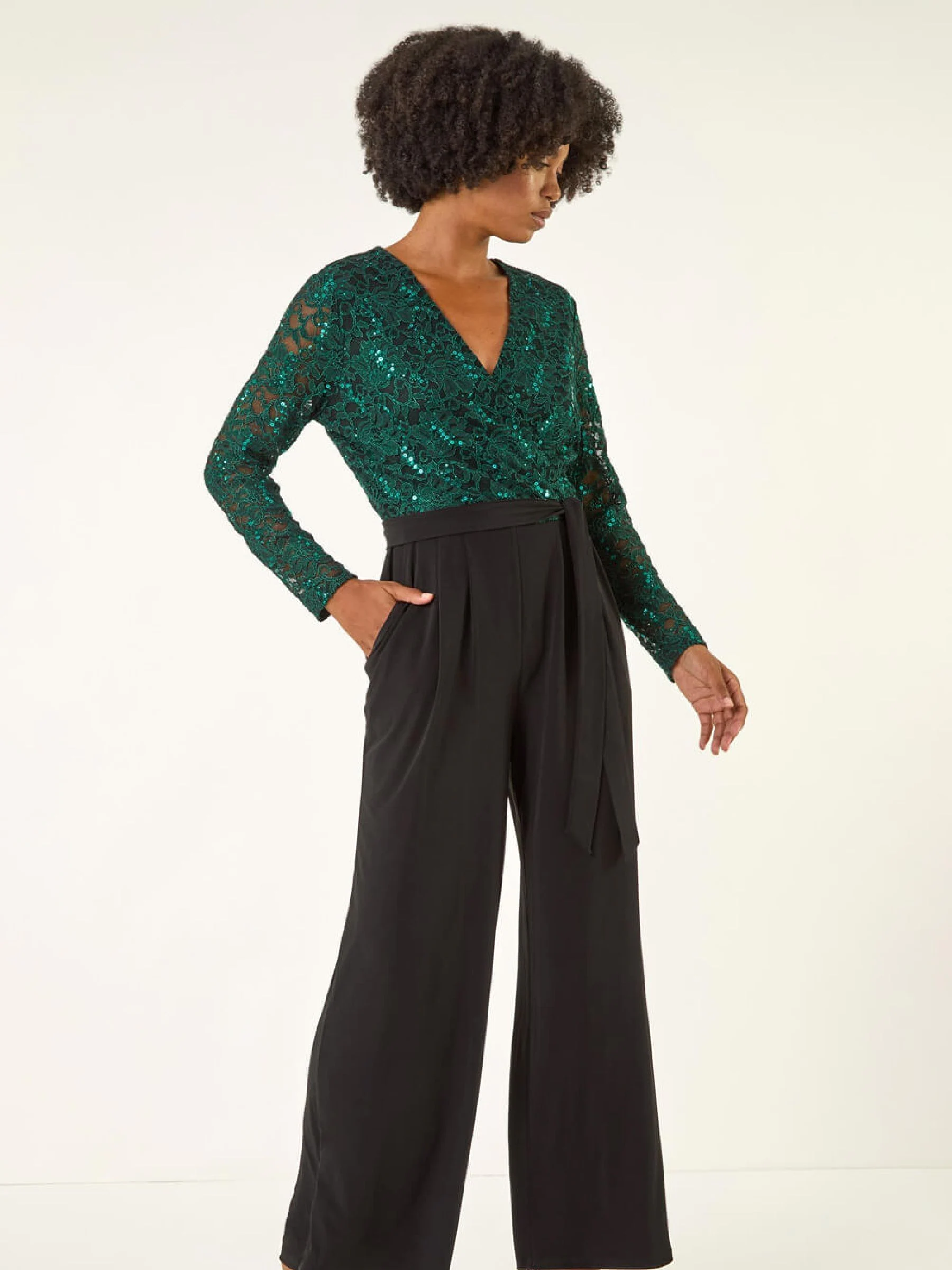 Groen - Roman Pailletten Kant V-hals stretchy Jumpsuit