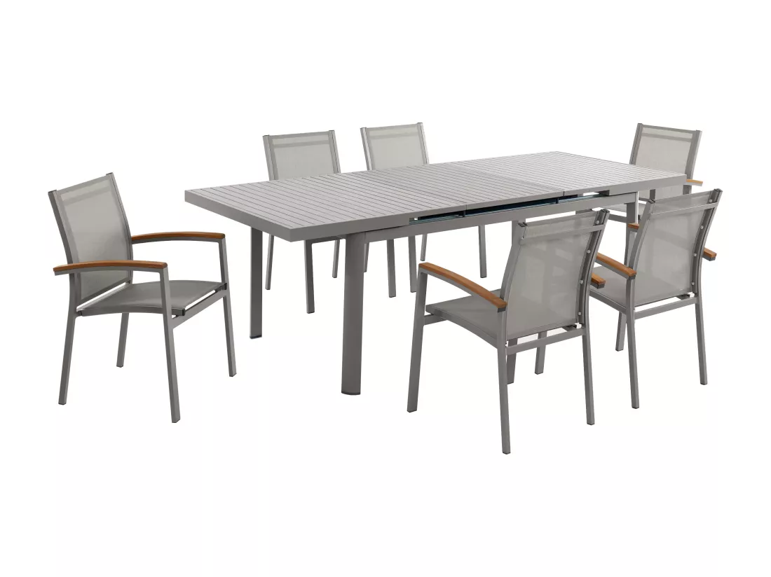 Salle à manger de jardin en aluminium : une table extensible L.180/240cm et 6 fauteuils empilables avec accoudoirs acacia - Taupe - NAURU de MYLIA