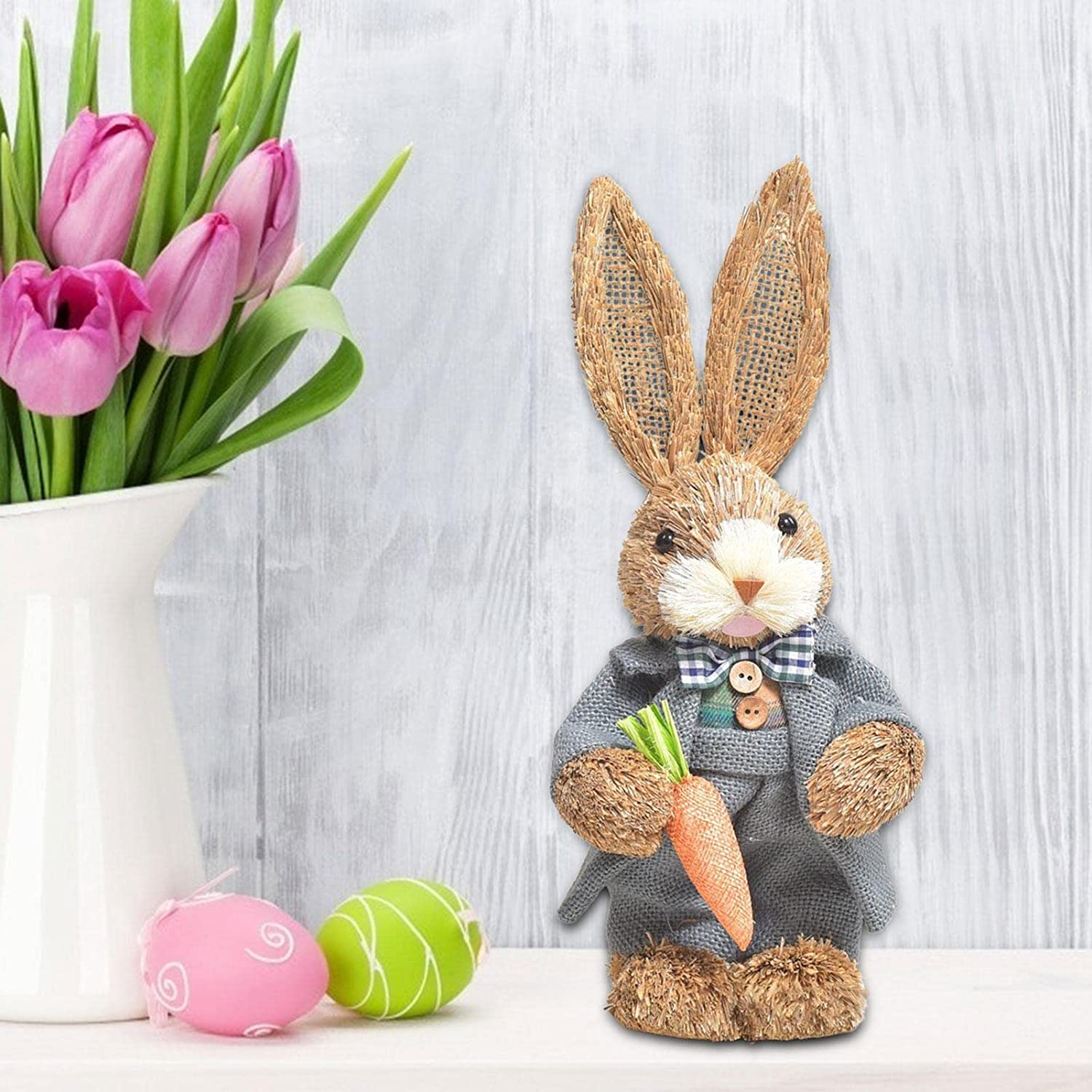 (32x13cm) Stroh Hase Oster Dekoration Osterhase mit Karotte