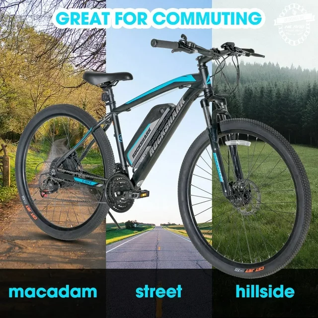 Hiland Rockshark Electric Bike Electric Mountain Bike Aluminum 26/27.5 inch 350W 20MPH Adults E-Bike Shimano 21 Speed Disc Brake Suspension Fork with 36V 10.4Ah Removable Battery