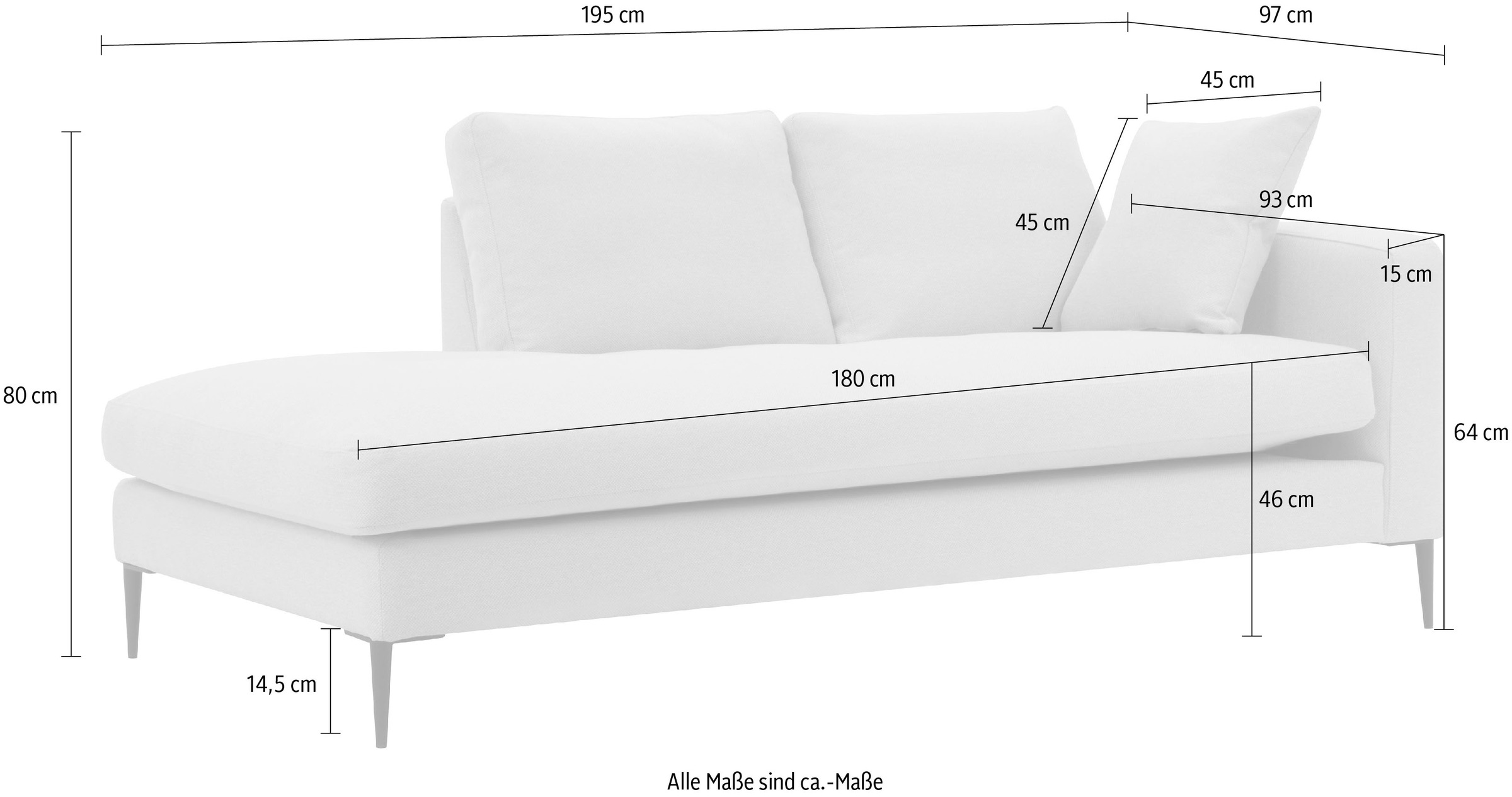 Home affaire Recamiere »Cozy Chaiselongue, Masse B/T/H: 195/97/80 cm« mit losen Kissen und Metallbeinen, Armlehne links oder rechts wählbar