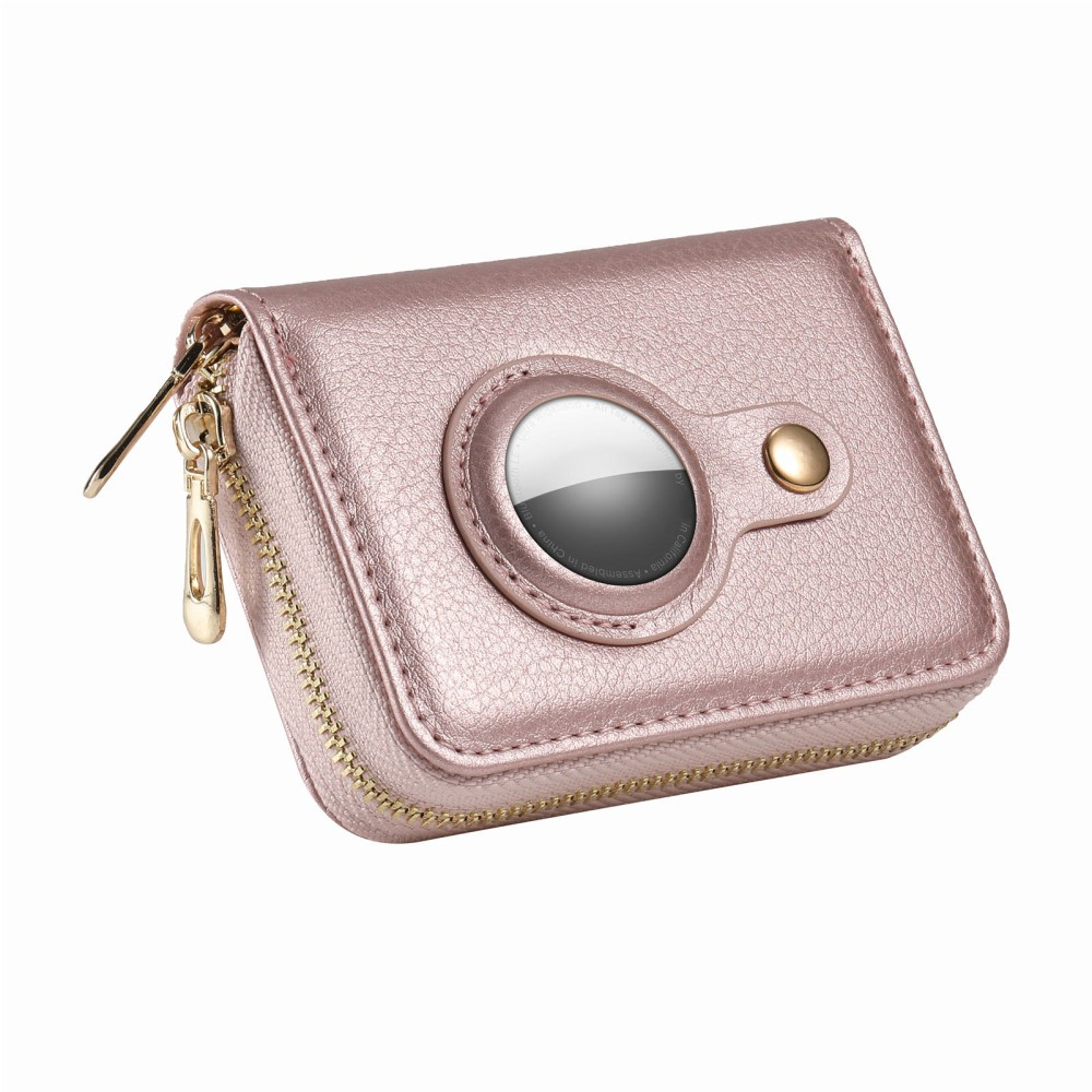 (12.7x11.1x3.6cm) Apple AirTag Wallet Mini Kreditkarten Portemonnaie Leder Etui Geldbörse Litchi Look  (RFID Schutz) - Roségold