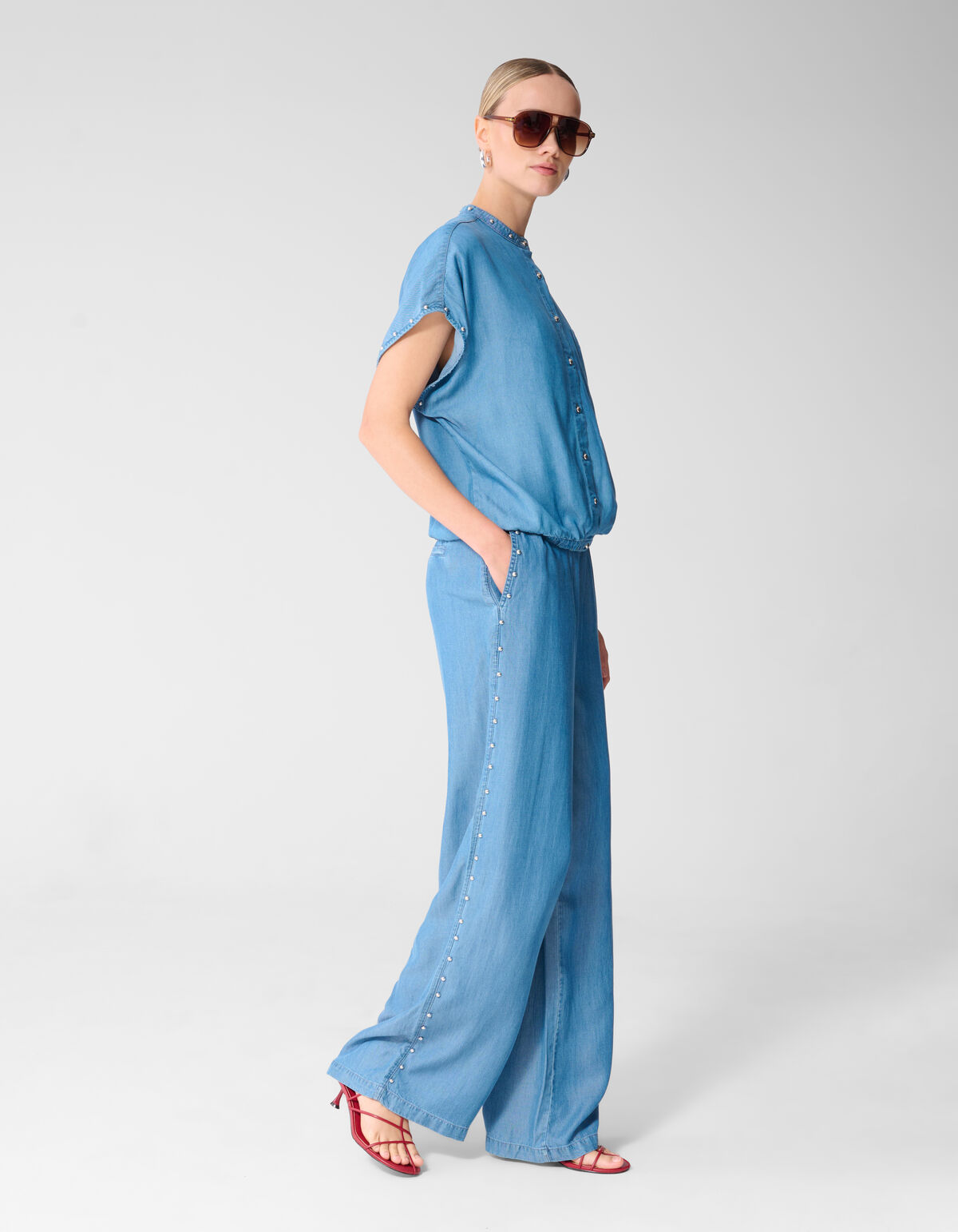 Studs Wide Leg Fit Denim Broek Blauw