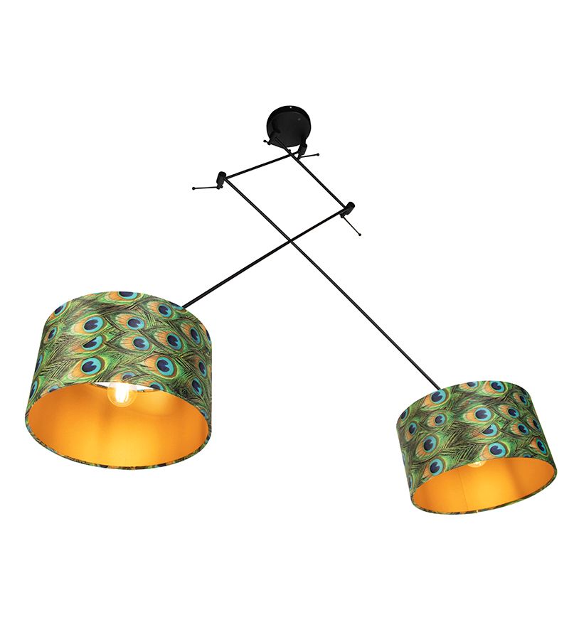 Hanglamp zwart met velours kappen pauw met goud 35 cm 2-lichts - Blitz