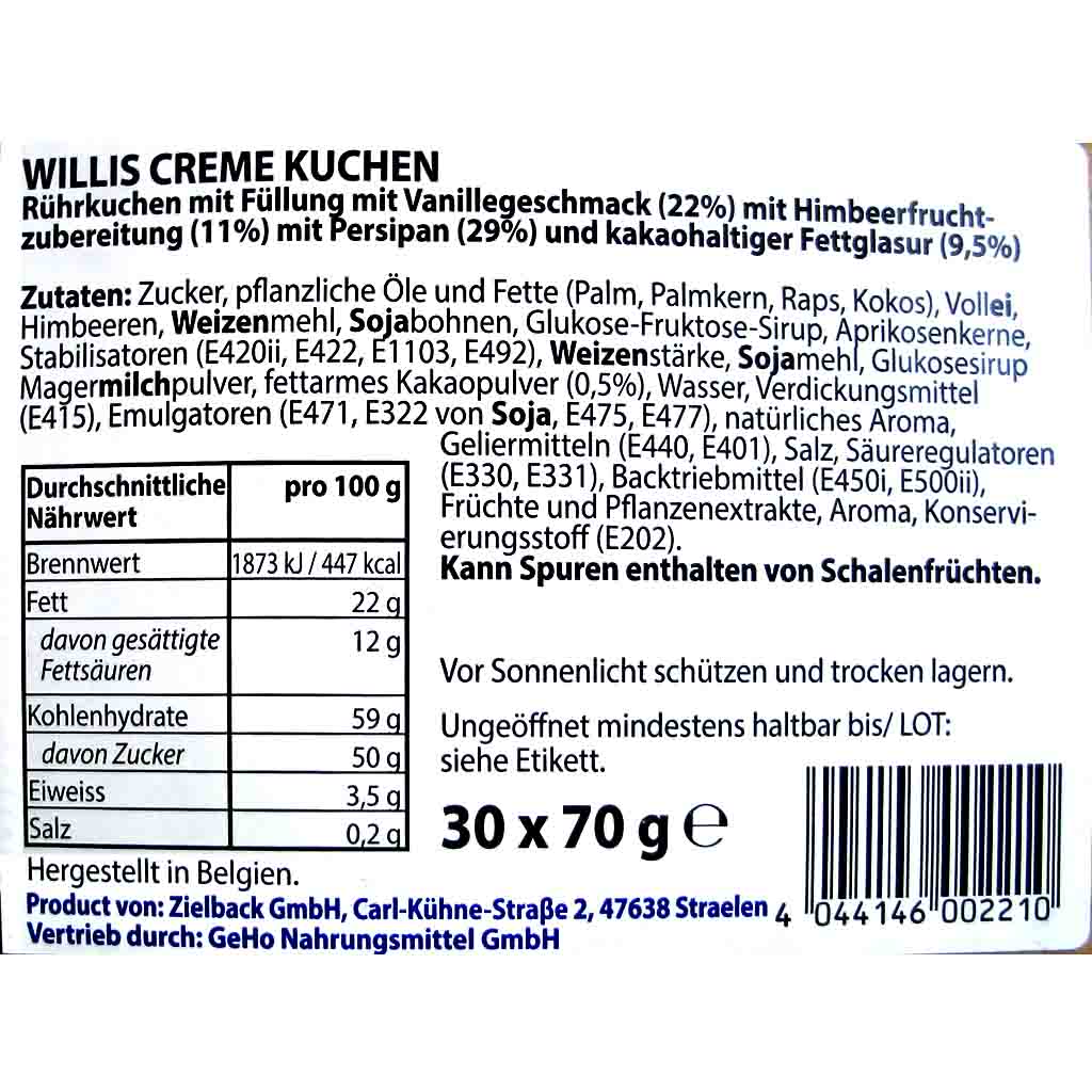 30x Willis Creme Kuchen á 70g=2100g MHD:28.2.25