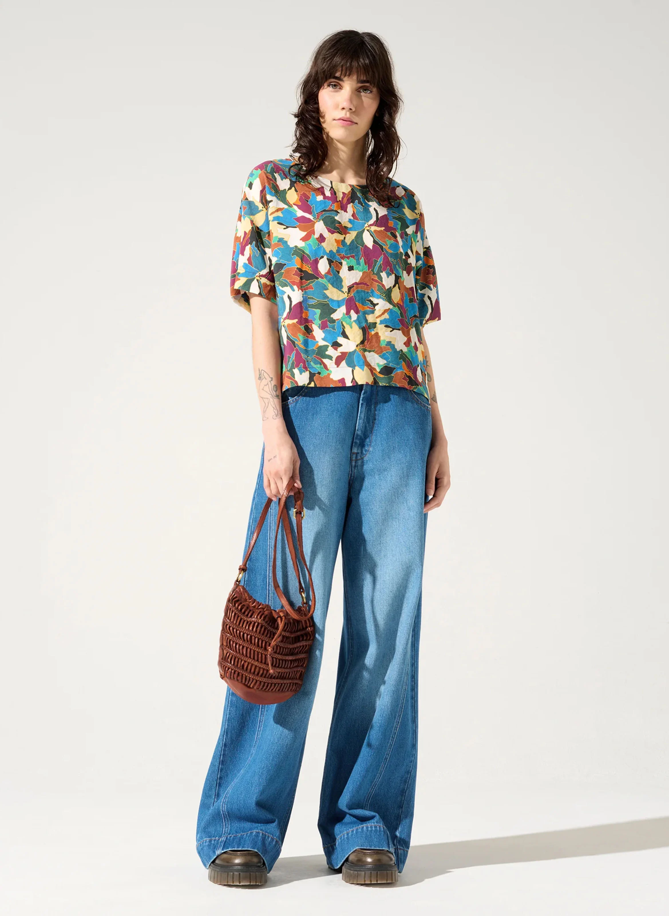 BLOOM - Blouse col rond droit imprimée | Bleu