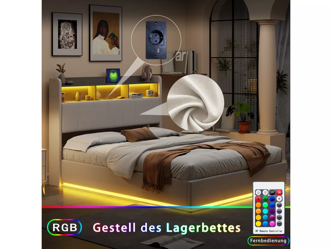 Lit coffre double 140 x 200 cm, tête de lit avec rangements et bande lumineuse LED, chargement USB, velours blanc, sommier à lattes, structure en métal, lit tapissé hydraulique - Blanc