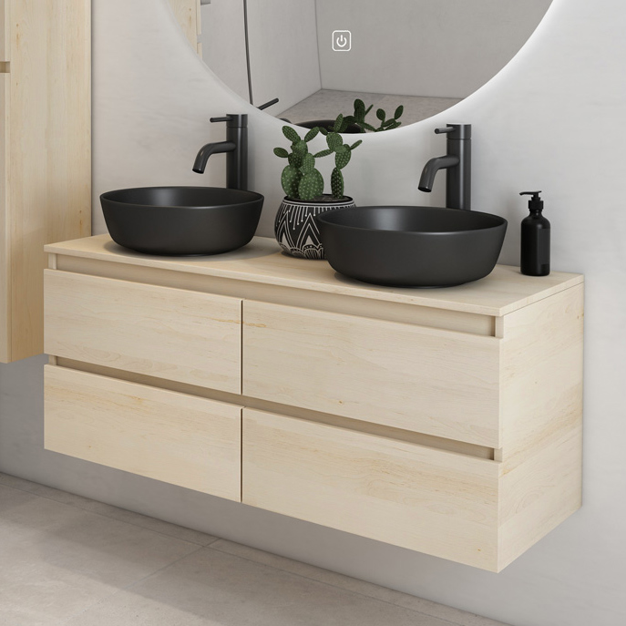 Fontana Proma badkamermeubel 120cm met zwarte waskommen en LED spiegel beach eiken