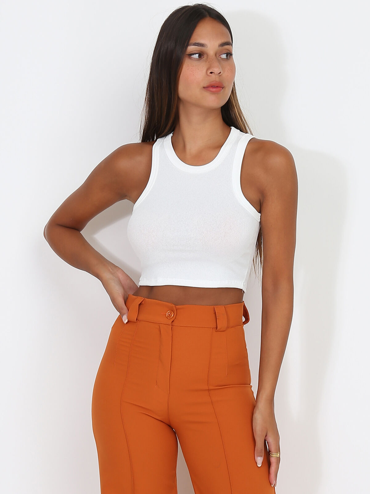 Crop top en maille à col américain- Blanc