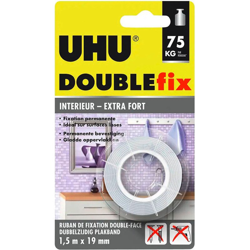 Ruban adhésif double-face Doublefix UHU ultra-fort - largeur 19 mm x Longueur 1,5 m - Résistance 75 kg