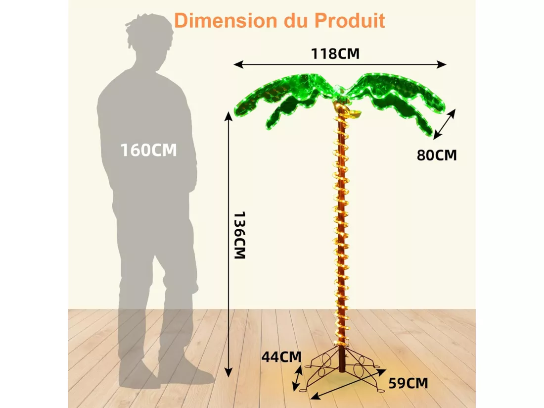 Palmier Artificiel LED Hauteur 136 cm, Lampe Motif de Cocotier d'Intérieur et d'Extérieur, avec Base Pliante, 60Hz/7W