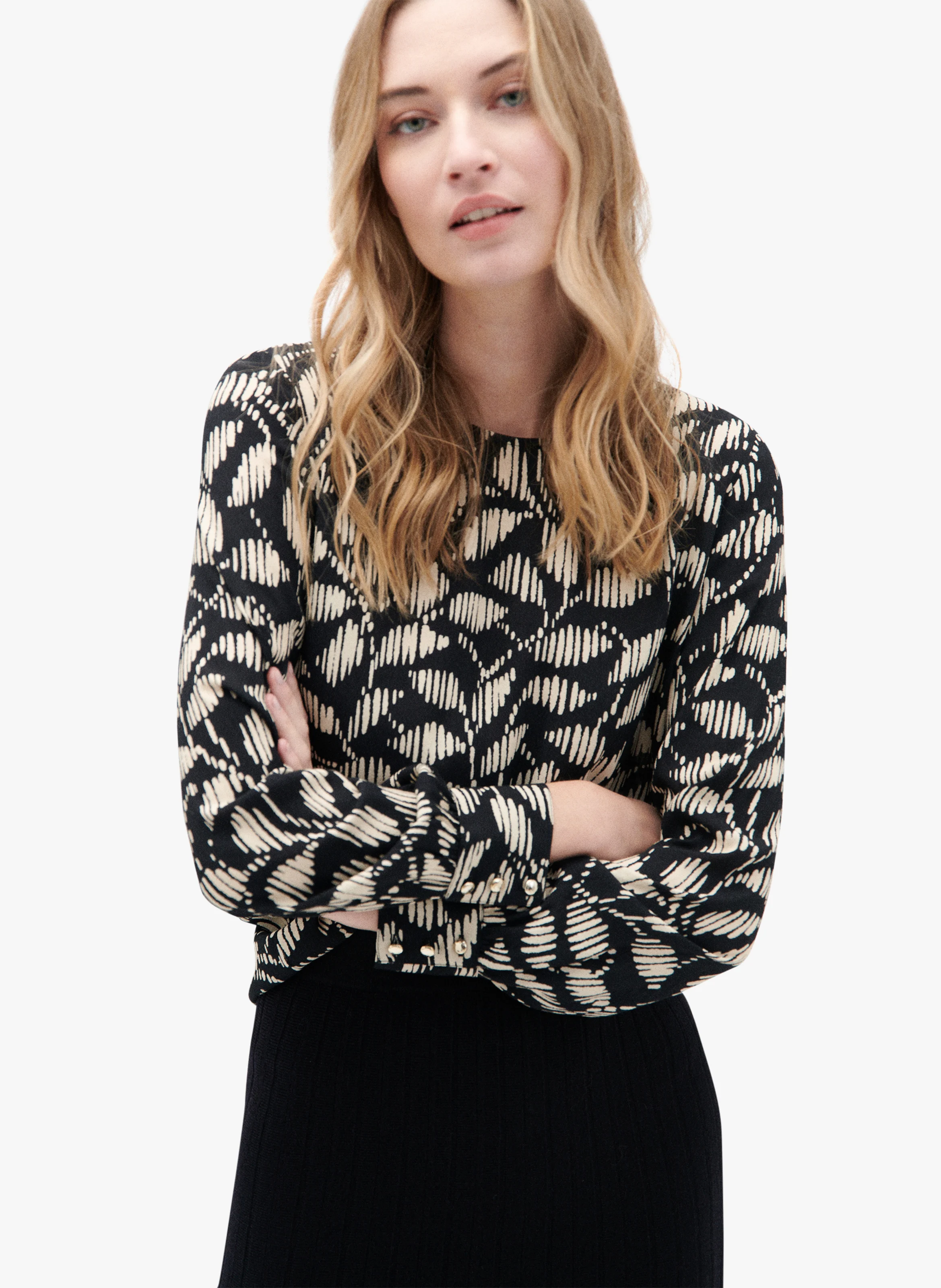 LENA - Blouse col rond droit imprimé | Noir