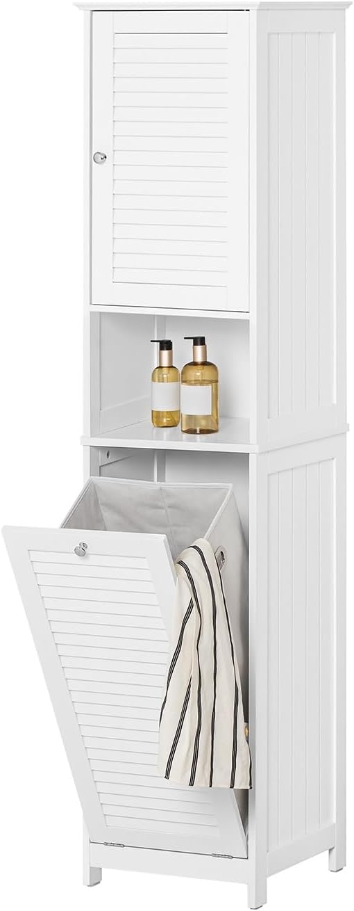 SoBuy Badezimmerschrank mit Wäschekorb Schmaler Badschrank mit Regal, Badmöbel für kleine Bäder, Wäscheschrank stehend Badezimmer Schrank Weiß 40x170x38 cm BZR124-W