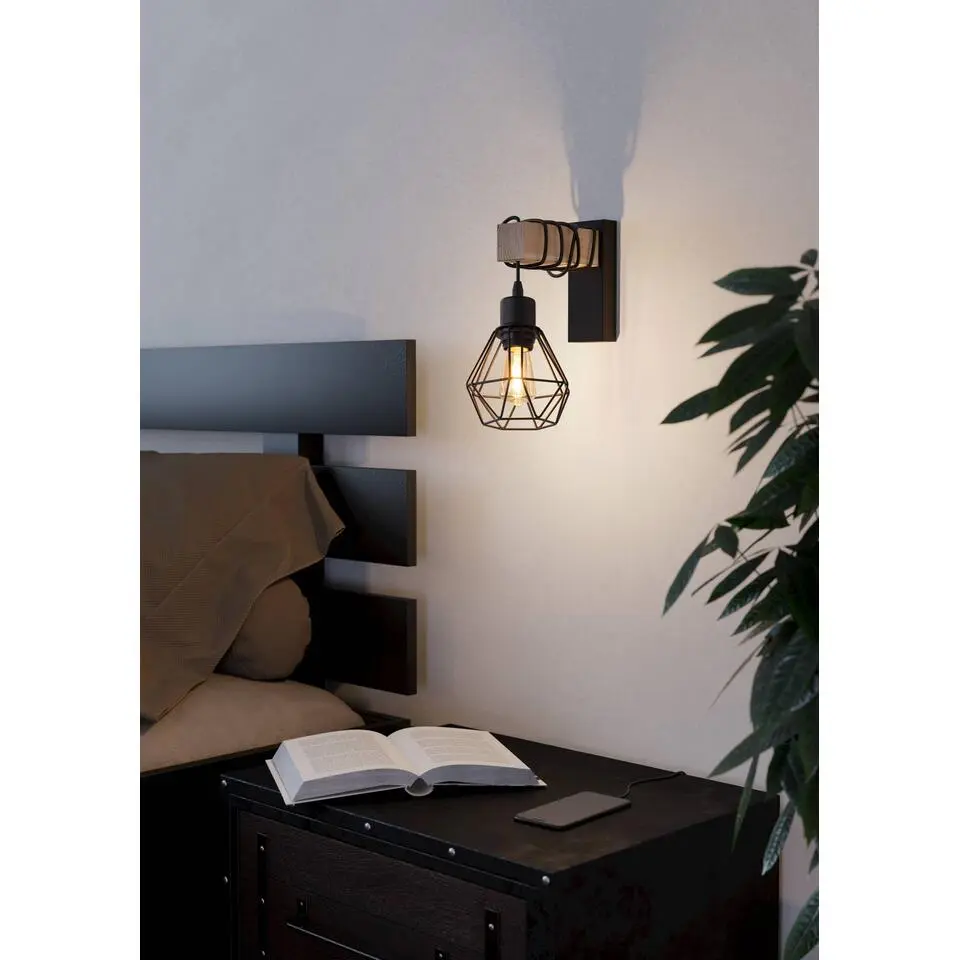 EGLO Townshend 5 Wandlamp - E27 - 27,5 cm - Hout - Zwart/Bruin