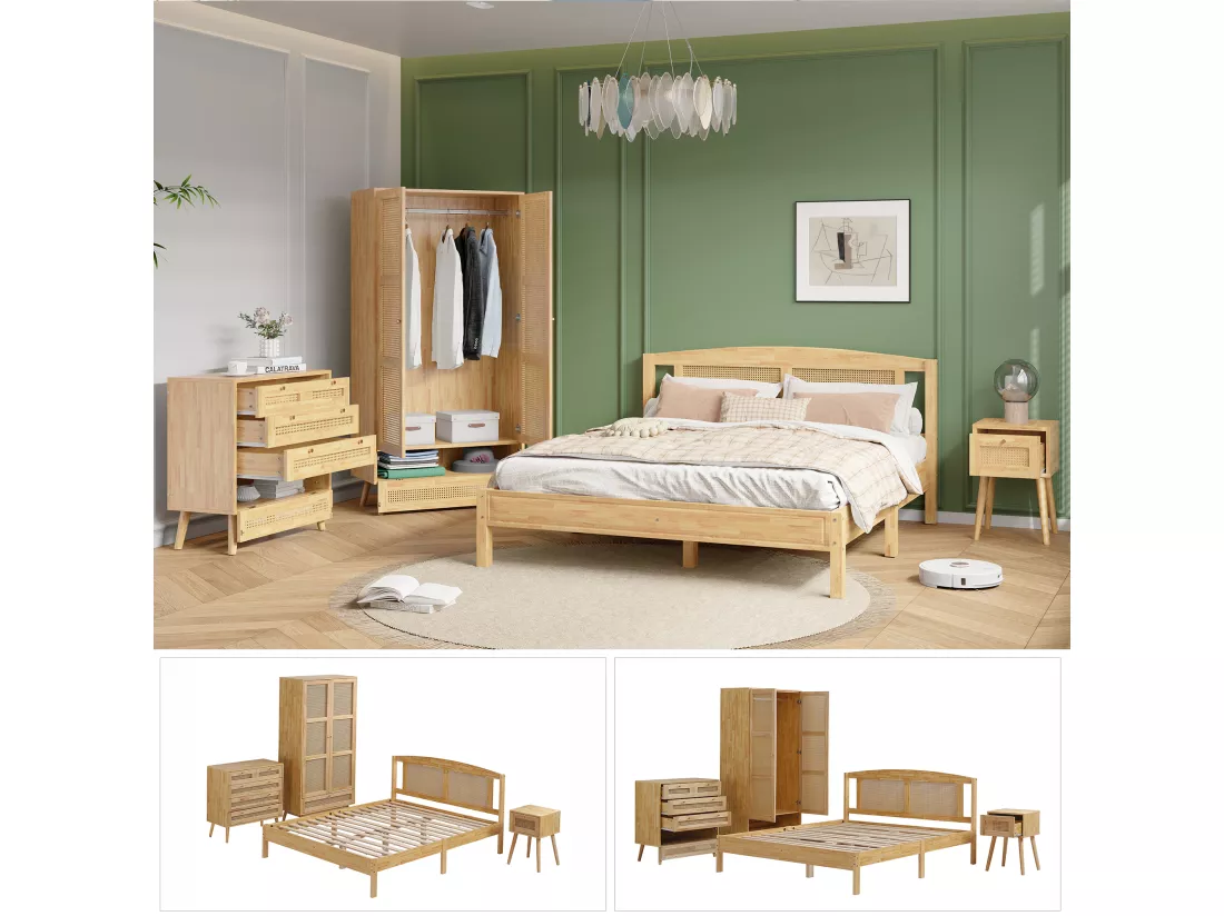 Ensemble lit adulte 160 x 200 cm avec table de chevet + commode + armoire - pin + panneaux de particules + rotin PE - naturel