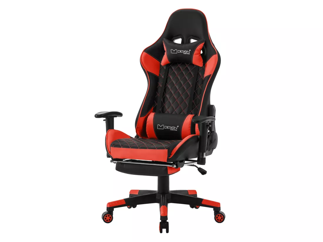 Chaise gamer avec repose-pieds extensible 2D Accoudoirs Noir/Rouge en similicuir ML-Design