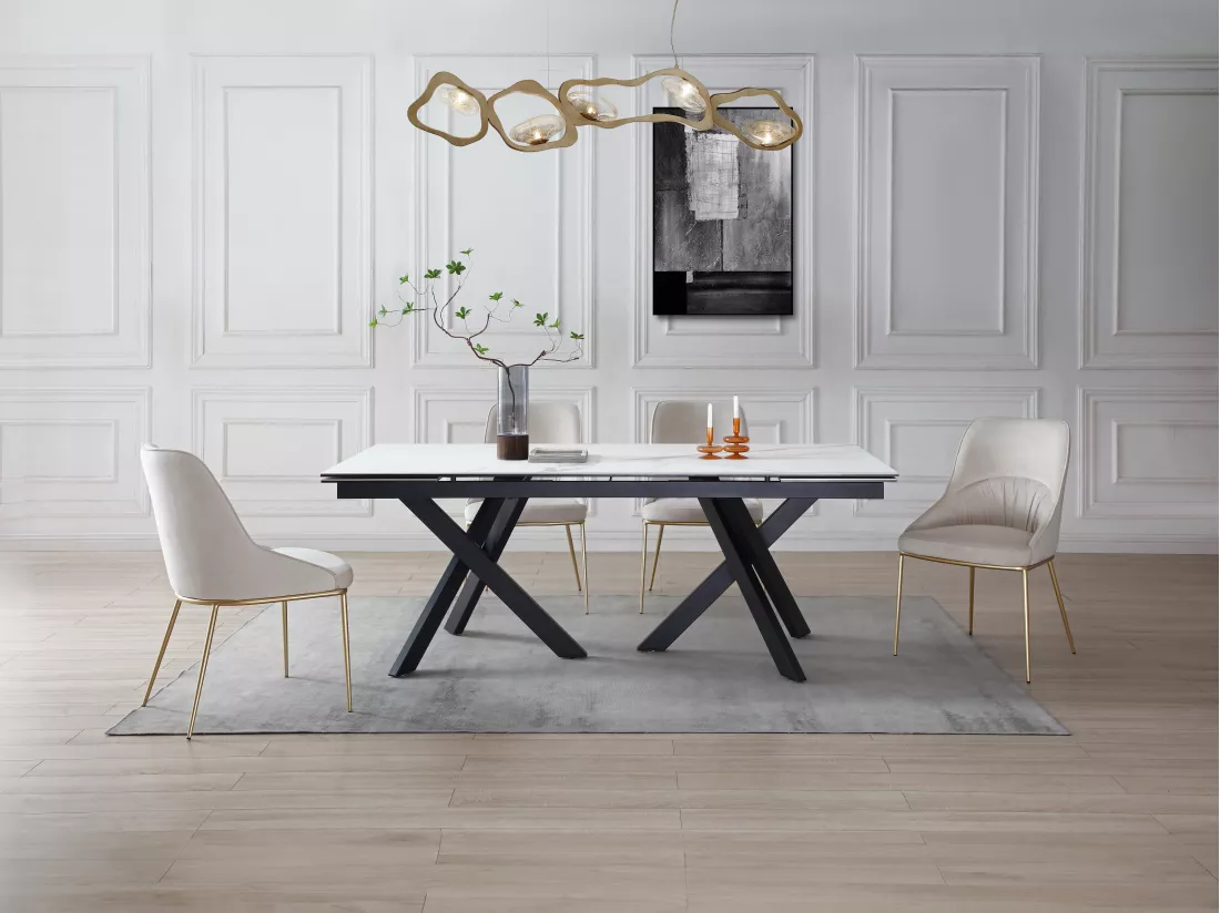 Table à manger extensible 8 à 12 personnes en verre trempé et céramique - Effet marbre blanc et noir - MARISO