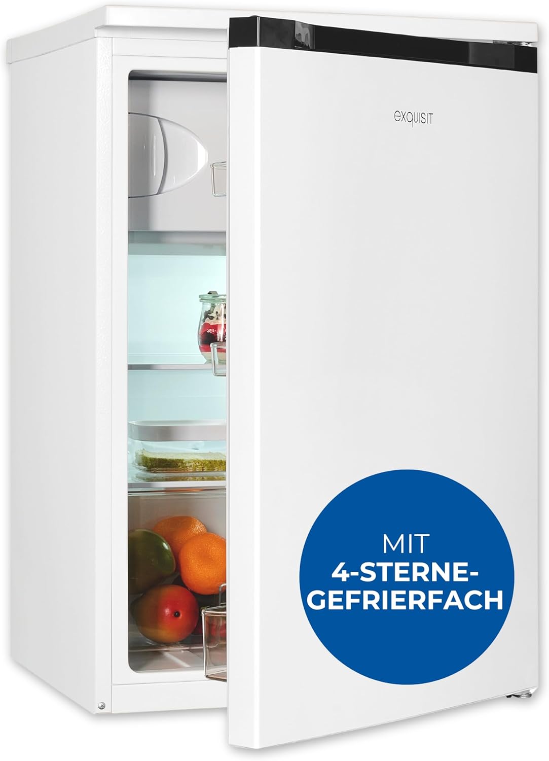 Exquisit Kühlschrank mit Gefrierfach | 107 l Nutzinhalt, Energieeffizienzklasse C, 37 dB(A) | schmale Bauform, 4-Sterne-Gefrierfach, LED-Beleuchtung, manuelle Temperaturregelung | KS516-4-051C weiss