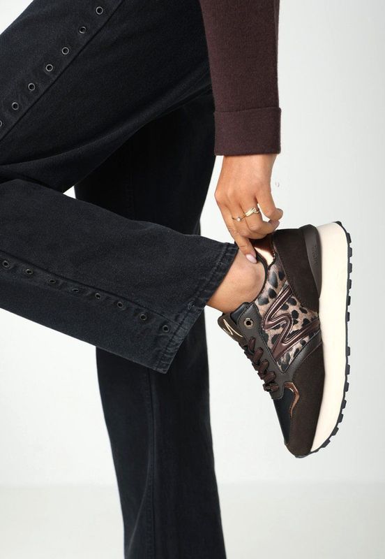 Mexx - Juju Humper - Leren Sneakers - Zwart - Brons - Panter