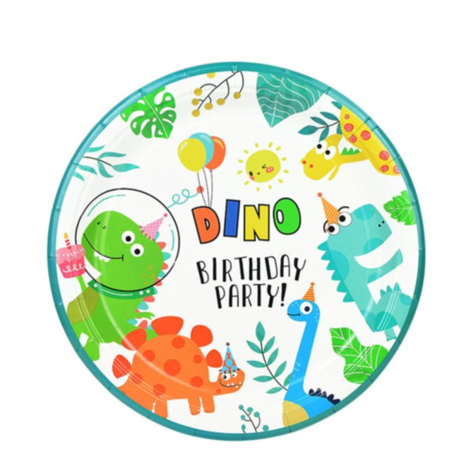 (10er Set) Ø23cm Einweg Teller Party Geschirr Kinder Geburtstag Tisch Dekoration - Happy Birthday / Dinosaurier