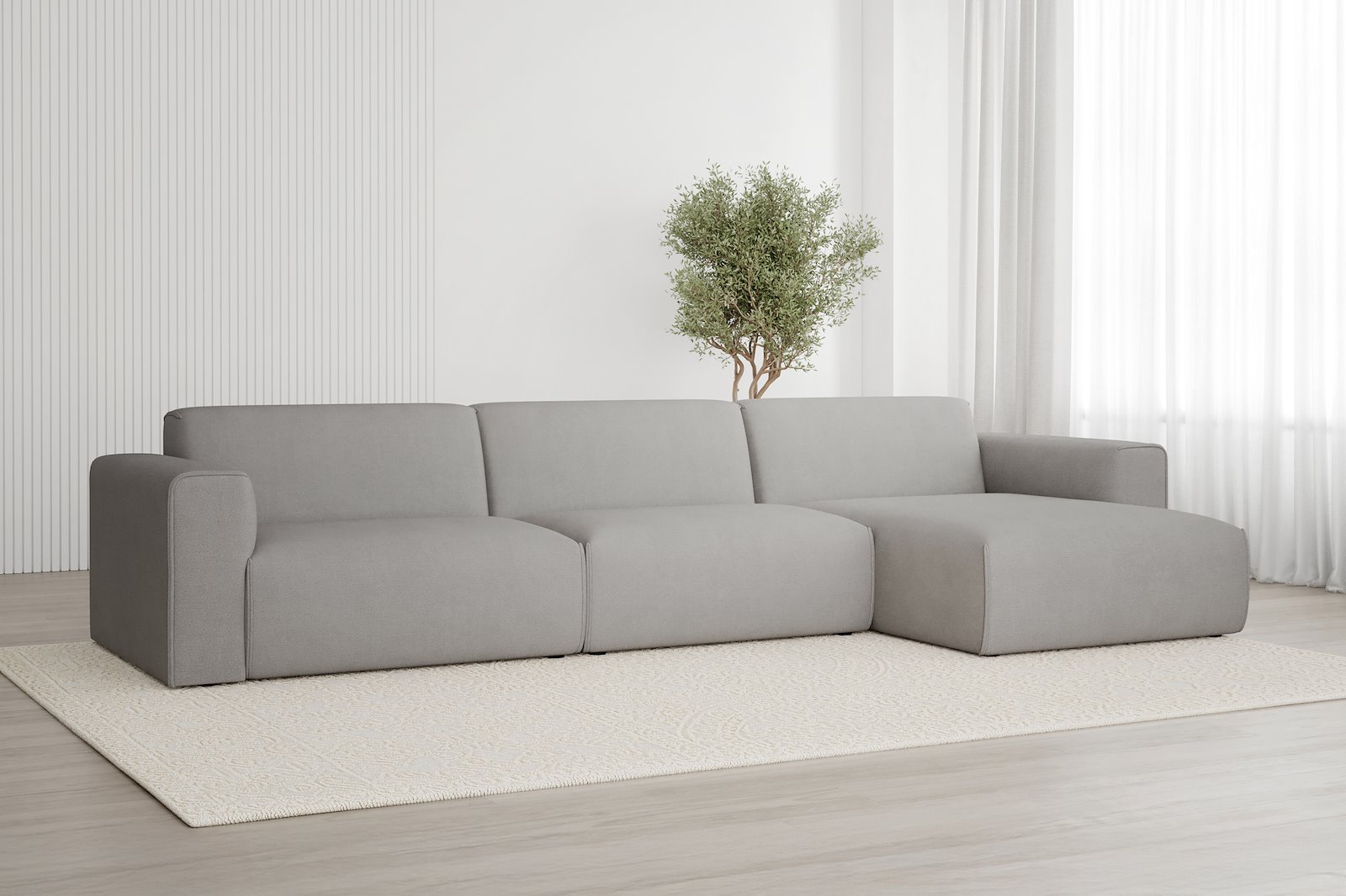 Monaco 3-seter med XL sjeselong høyre Tekstil Brego 7 Light Grey med sorte ben. Std komfort.