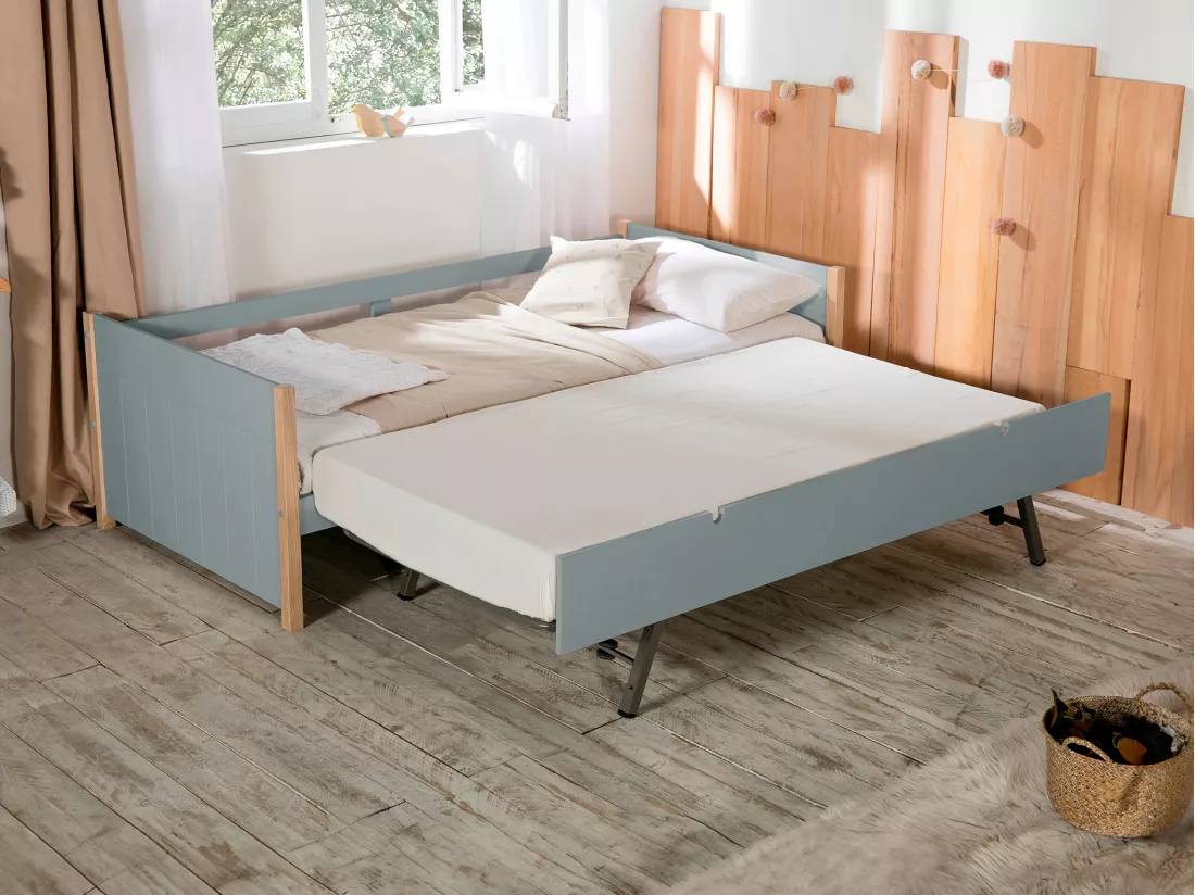 Lit gigogne 2 x 90 x 190 cm - MDF, pin et métal - Vert et naturel + Matelas - MAREKI