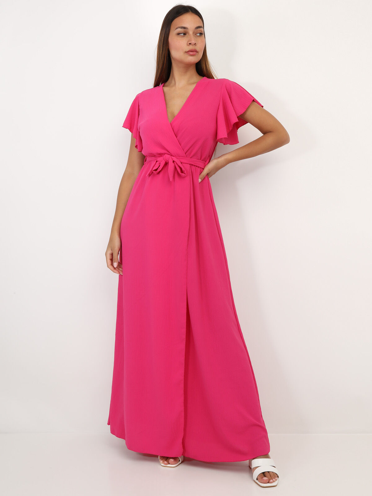 Robe longue fendue à col cache coeur- Fuchsia