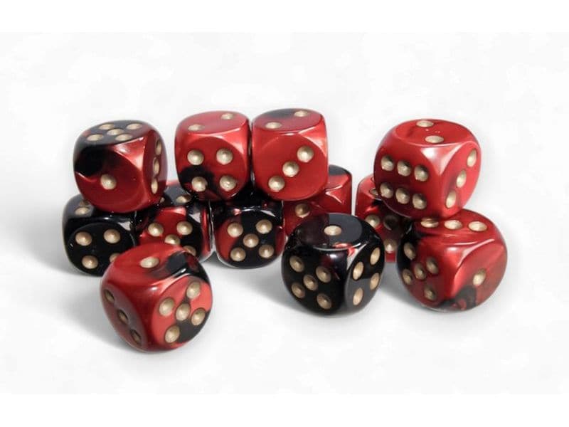 Chessex Würfelset Gemini 16 mm d6 Schwarz-Rot/Gold 12 Stk. Würfelset mit 12 Würfeln