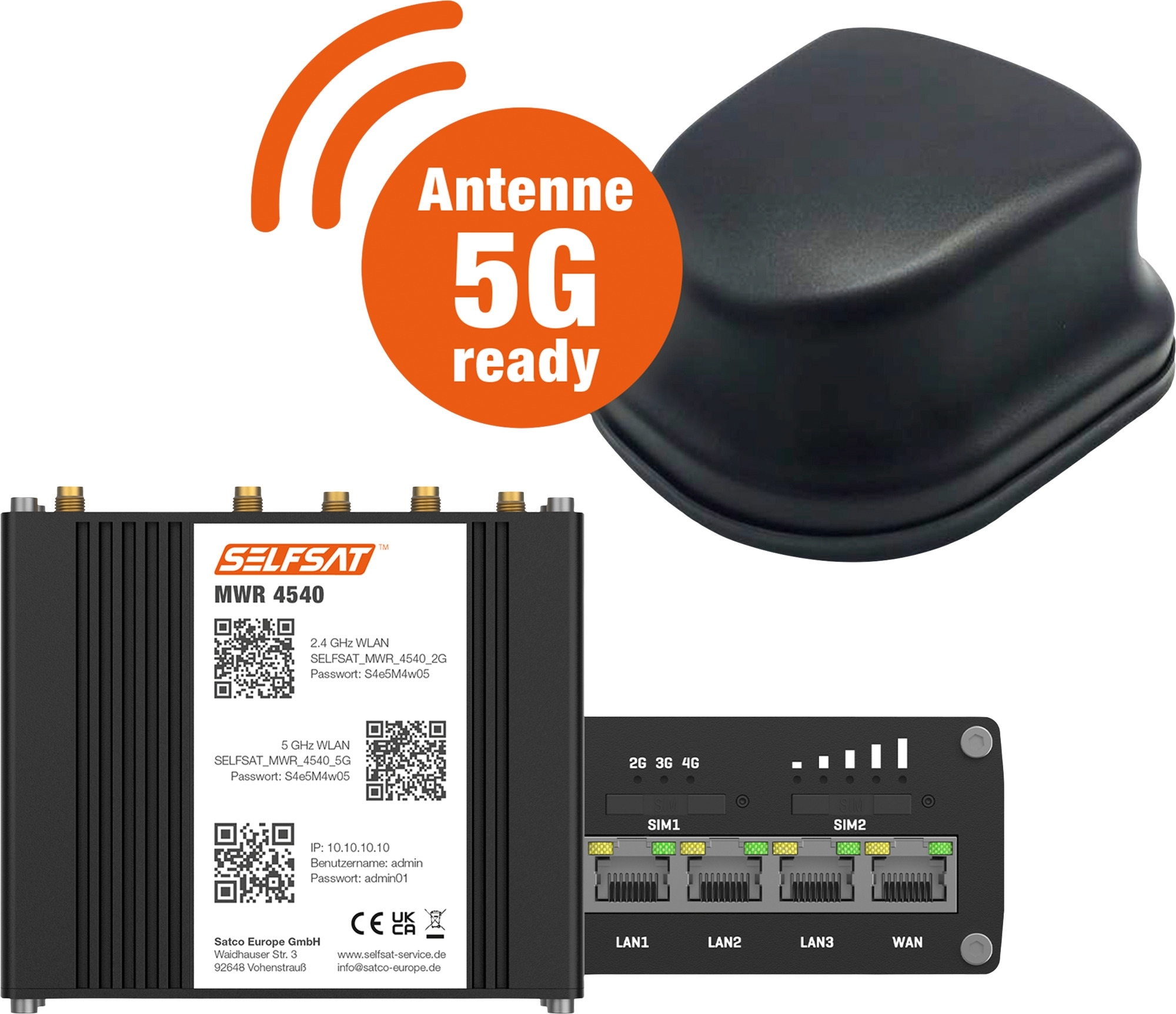 Selfsat 4G Cat 6 WLAN Router MWR 4540 inkl. 5G Antenne bis 300 Mbps schwarz