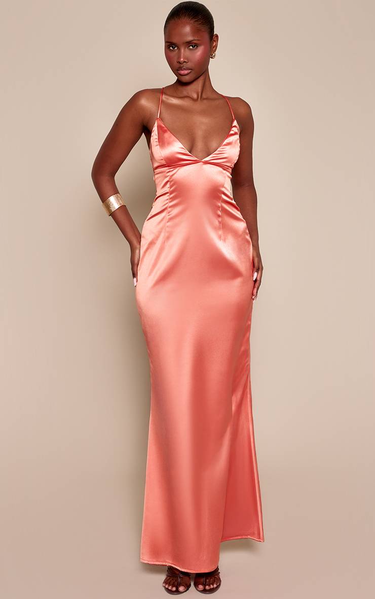 Orange Robe Longue En Satin Avec Nœud Au Dos