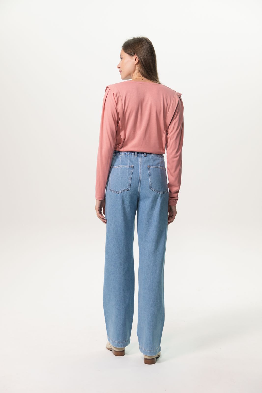 Lichtblauwe high waist wide leg jeans met elastische taille