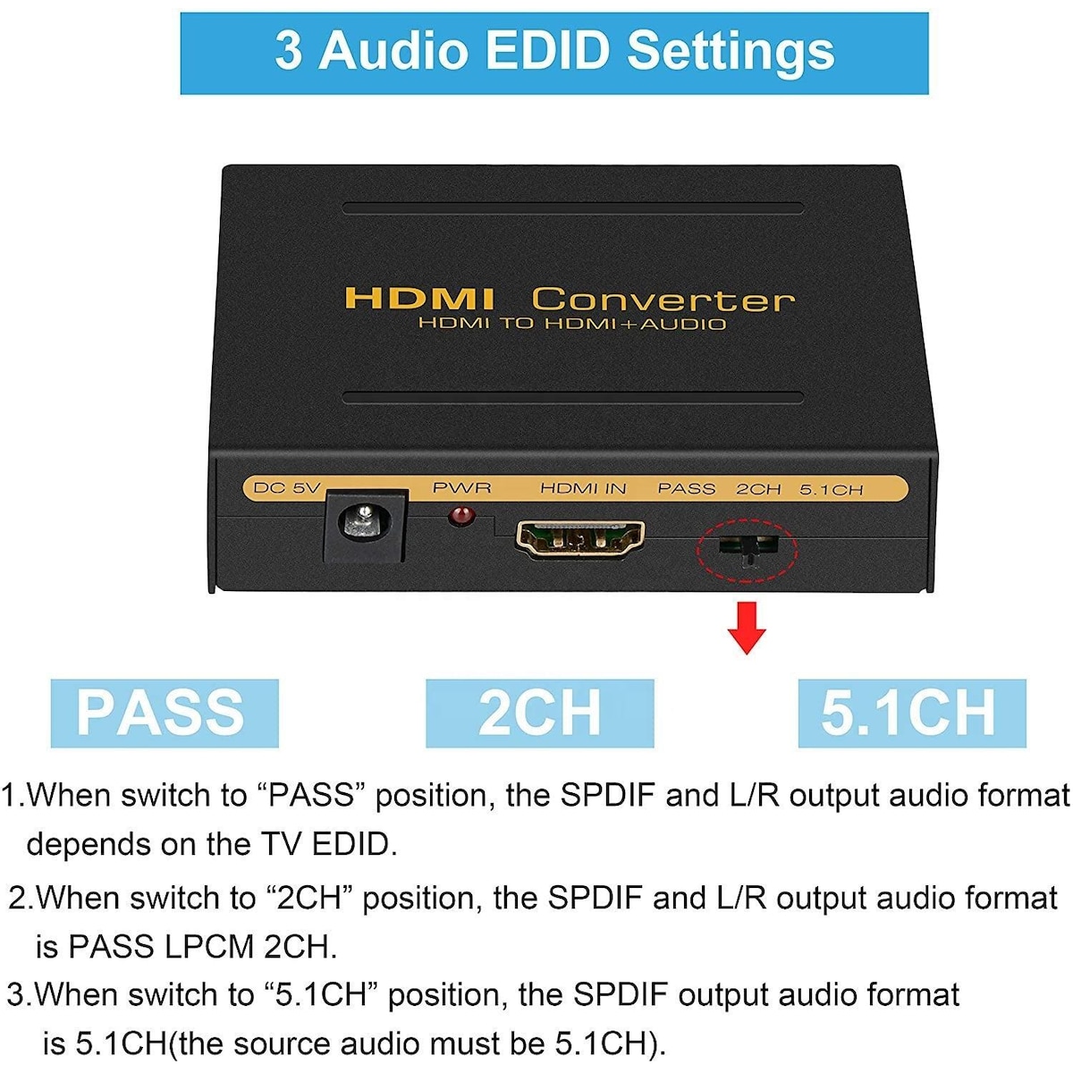 NÖRDIC HDMI Audio Extractor 1XHDMI inngang til 1xHDMI 4K i 30 Hz, 1XTOSLINK og 2XRCA-utgang