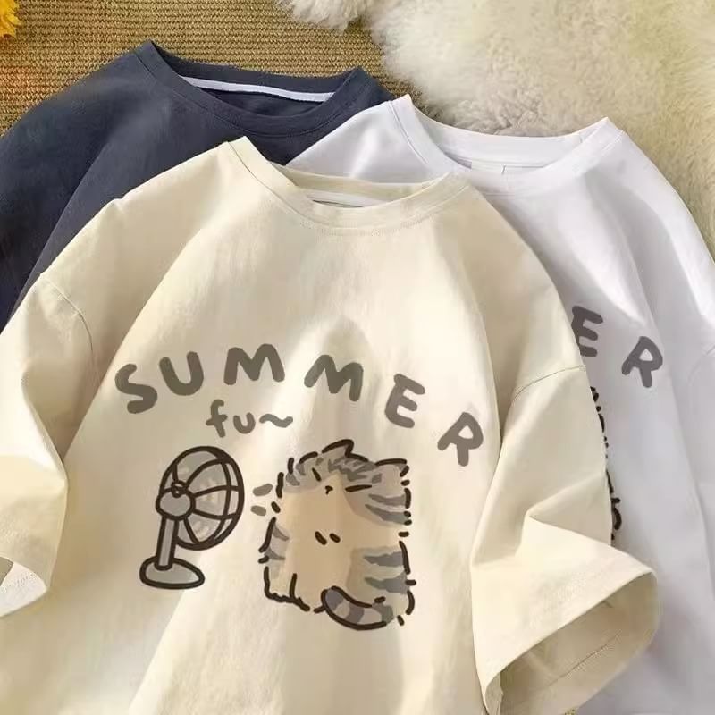 Bolgivy - T-shirt met korte mouwen en kattenprint, losvallend